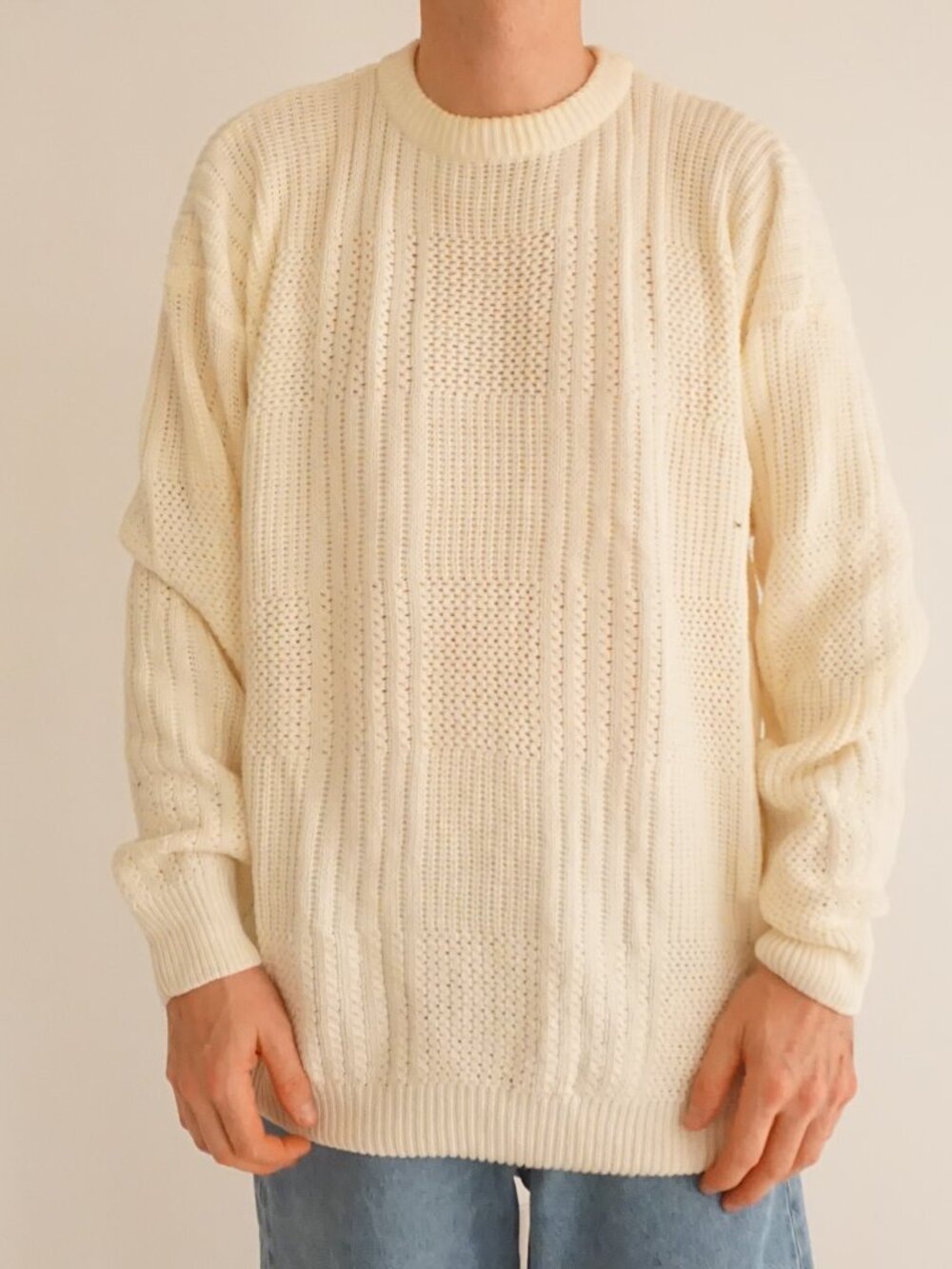 Vintage Weekendo Ivory Ecru Geometric Panel Irish Fisherman Cable Knit Sweater L